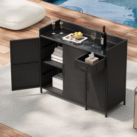 47.5"W Wicker Outdoor Storage Cabinet with Tempered Glass Desktop, Weather-proof Rattan Bar Table with Three Doors, Adjustable Shelf, and One Dra (Color: Black Brown, Material: Rattan+Metal)